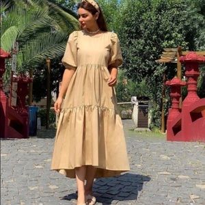 Zara Tan Tiered Puff Sleeved Dress